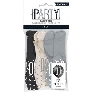 Pack of 6 12-inch Black & White Age 30 Latex Balloons