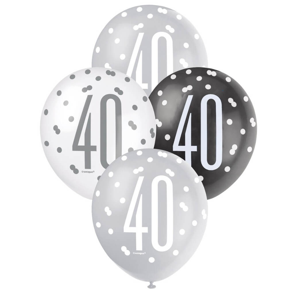 Four balloons with polka dot patterns and the number '40' on a white background