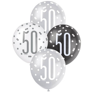 Pack of 6 12-inch Black & White Age 50 Latex Balloons