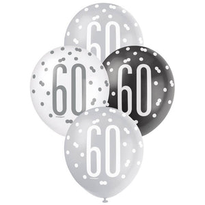Pack of 6 12-inch Black & White Age 60 Latex Balloons