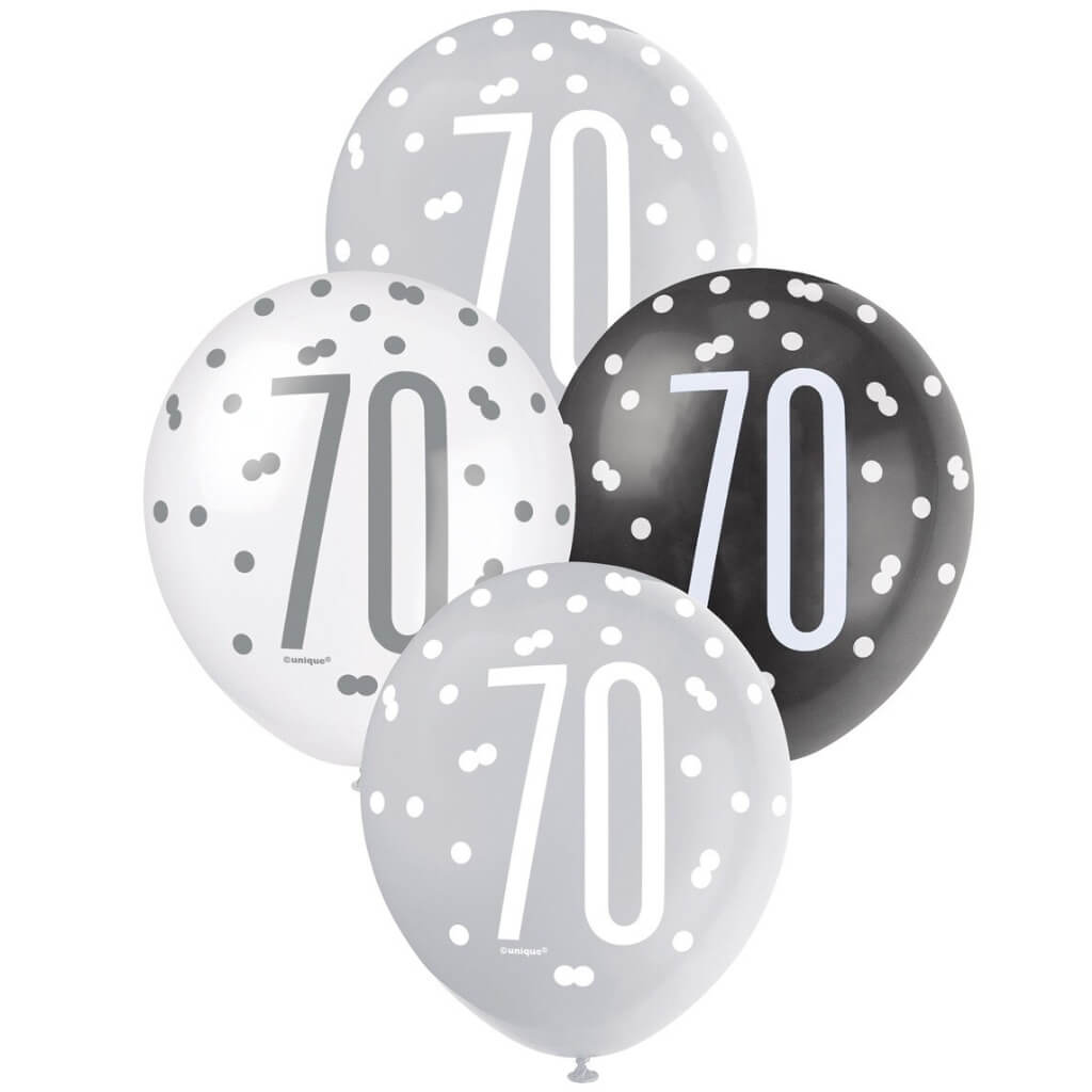 12-inch Black & White Age 70 Latex Balloons 6pk
