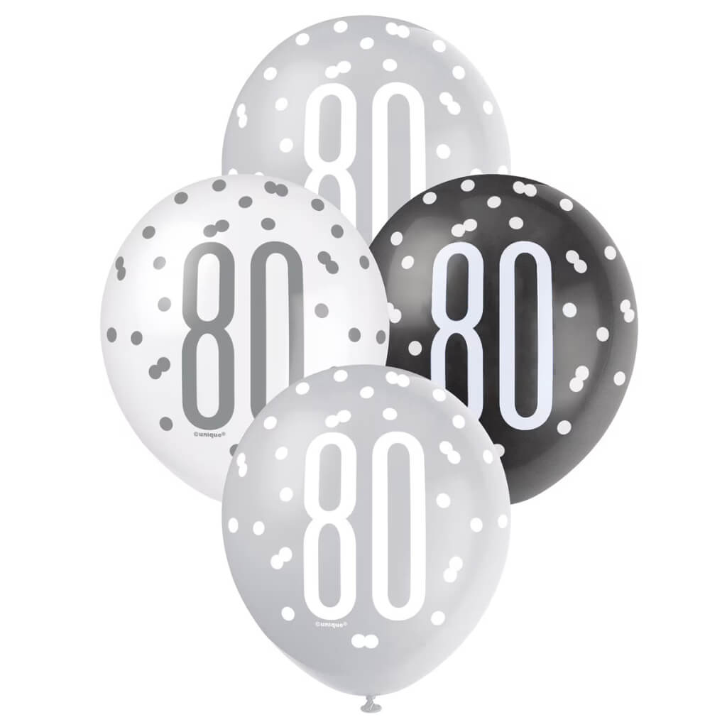 Pack of 6 12-inch Black & White Age 80 Latex Balloons - 80th Birthday Party Decorations