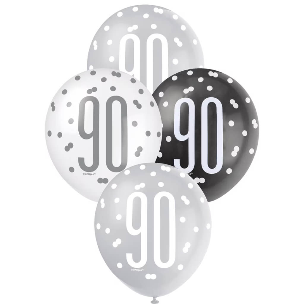 12-inch Black & White Age 90 Latex Balloons 6pk 90th birthday party decorations