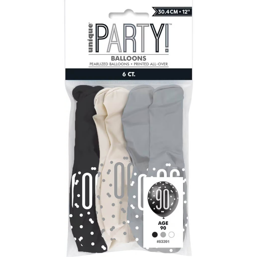12-inch Black & White Age 90 Latex Balloons 6pk 90th birthday party decorations