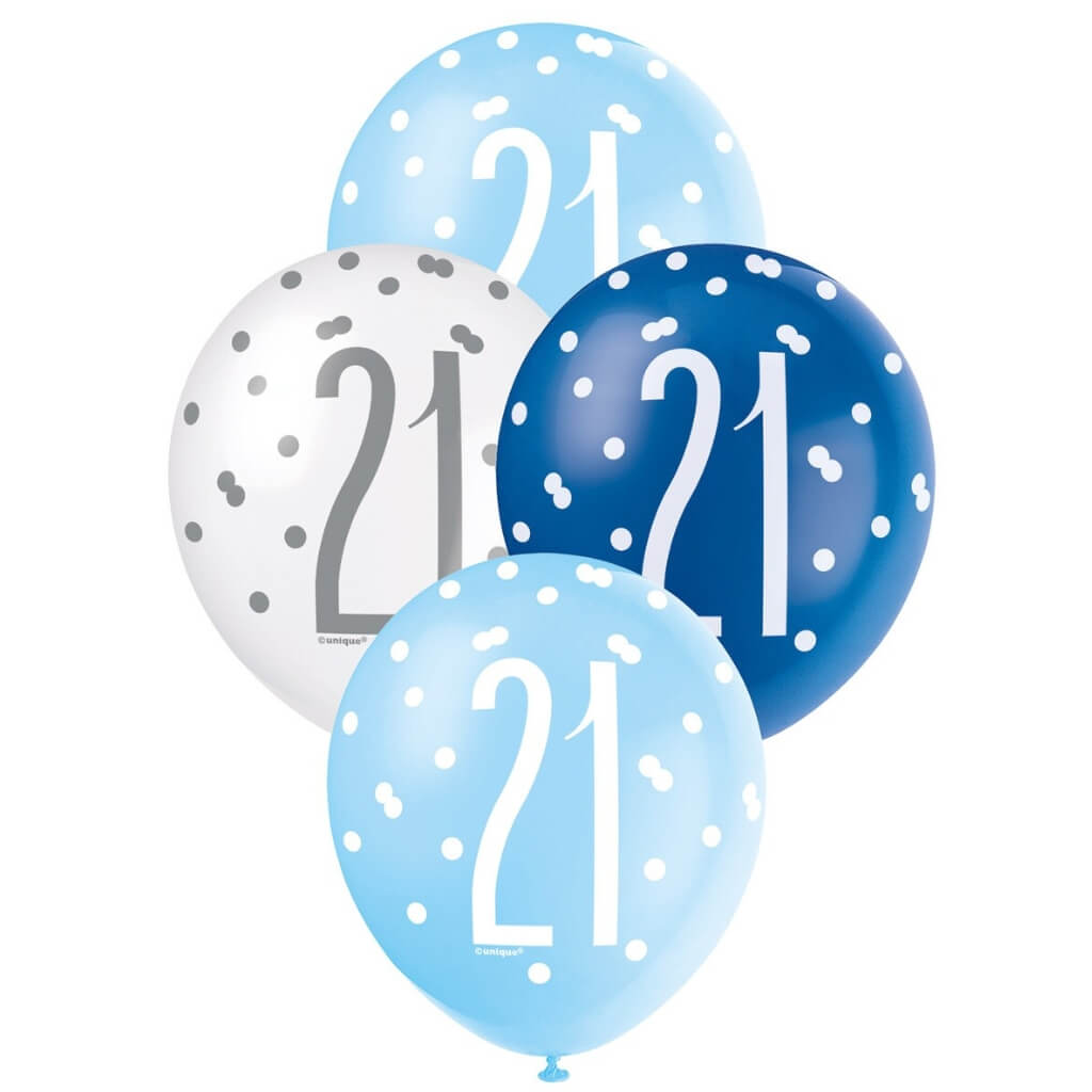 Pack of 6 12-inch Blue & White Age 21 Latex Balloons