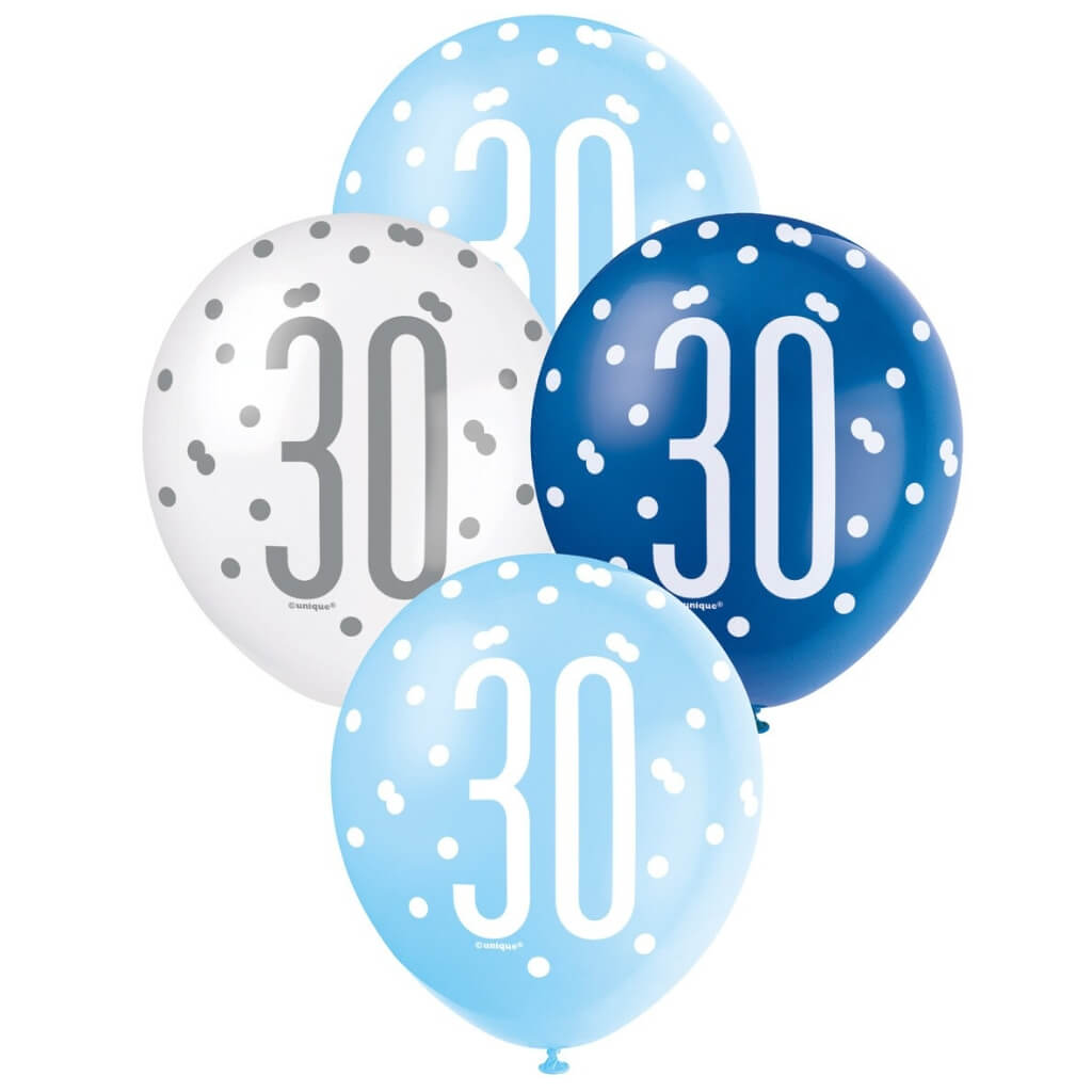 Pack of 6 12-inch Blue & White Age 30 Latex Balloons
