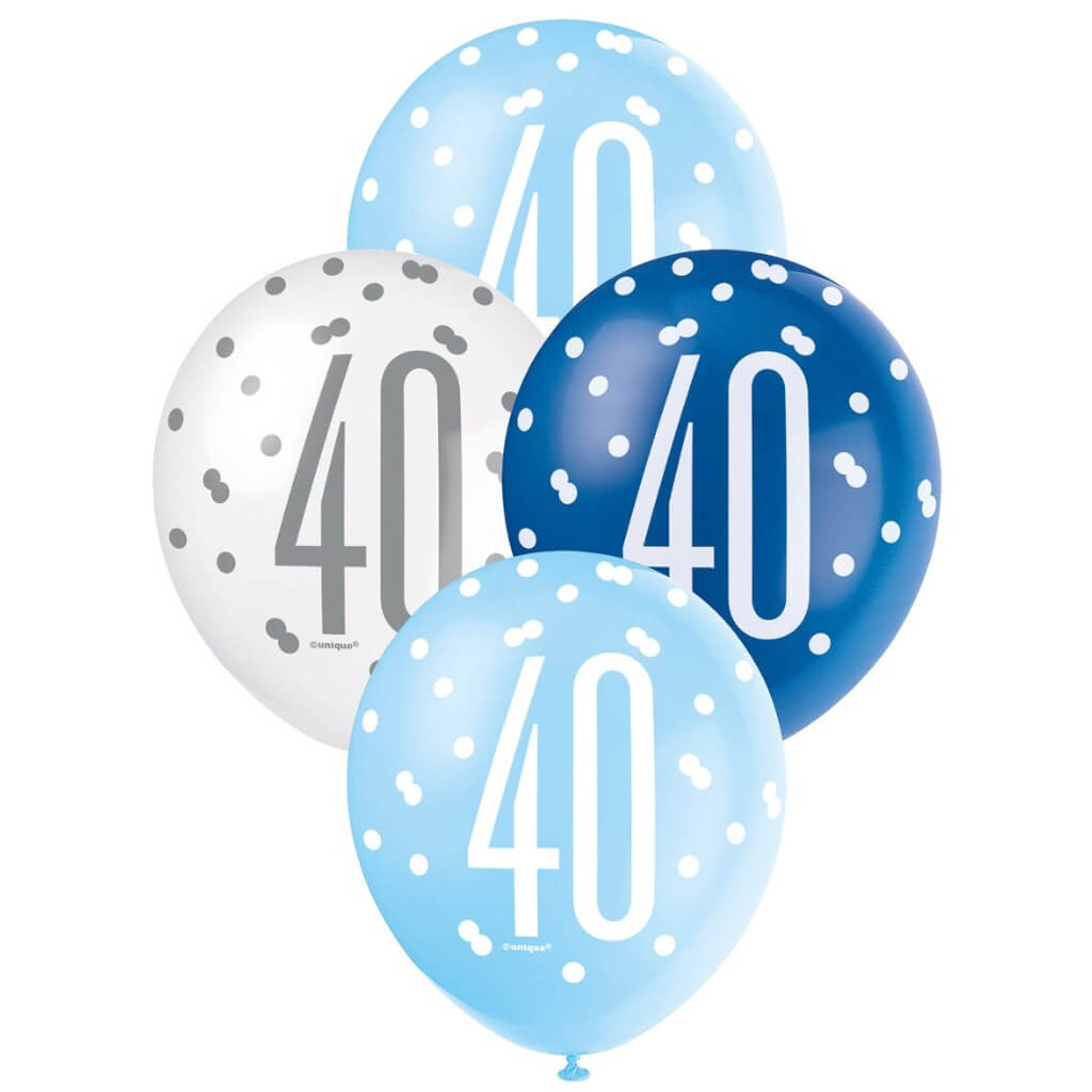 Pack of 6 12-inch Blue & White Age 40 Latex Balloons