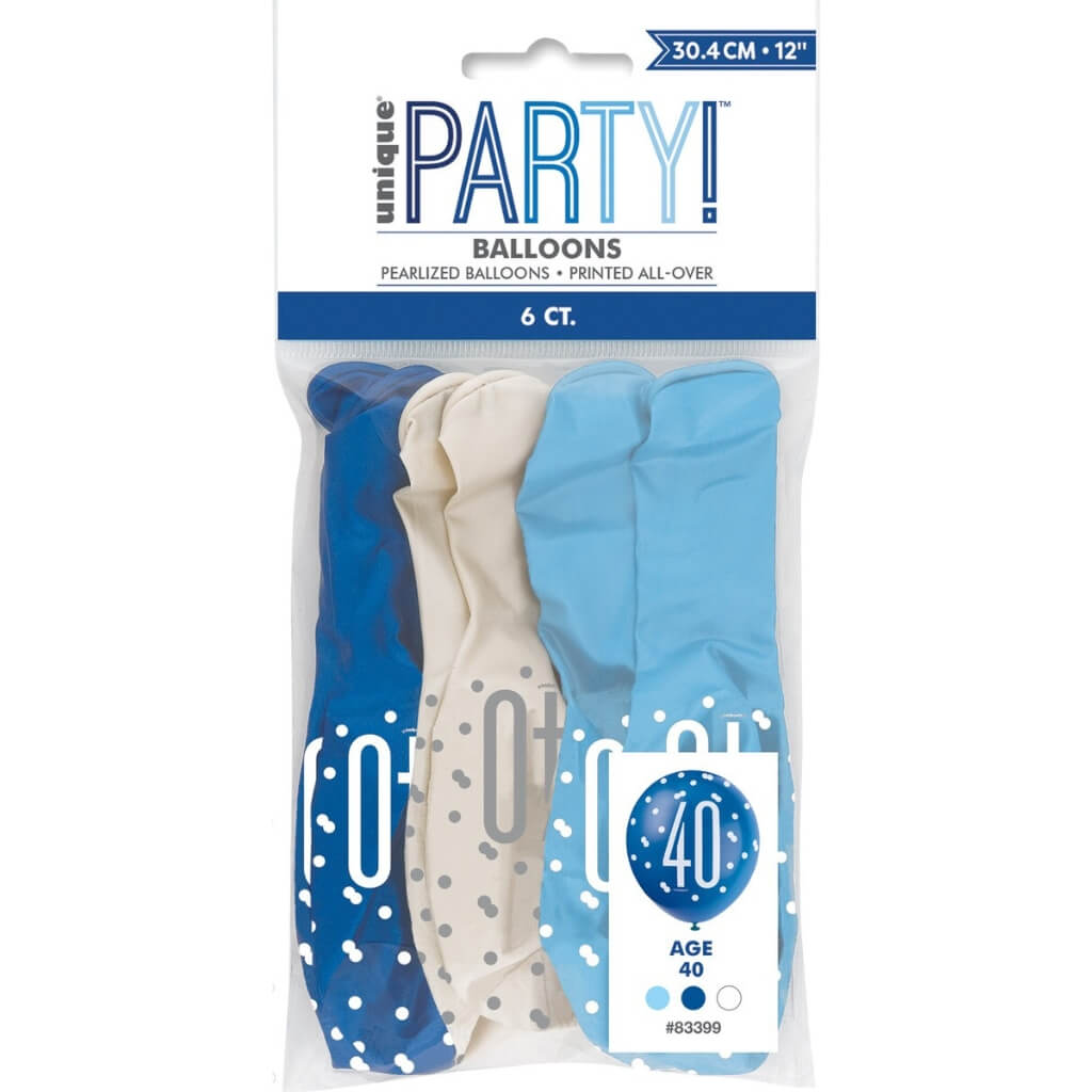 Pack of 6 12-inch Blue & White Age 40 Latex Balloons