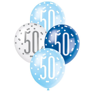 12-inch Blue & White Age 50 Latex Balloons 6pk