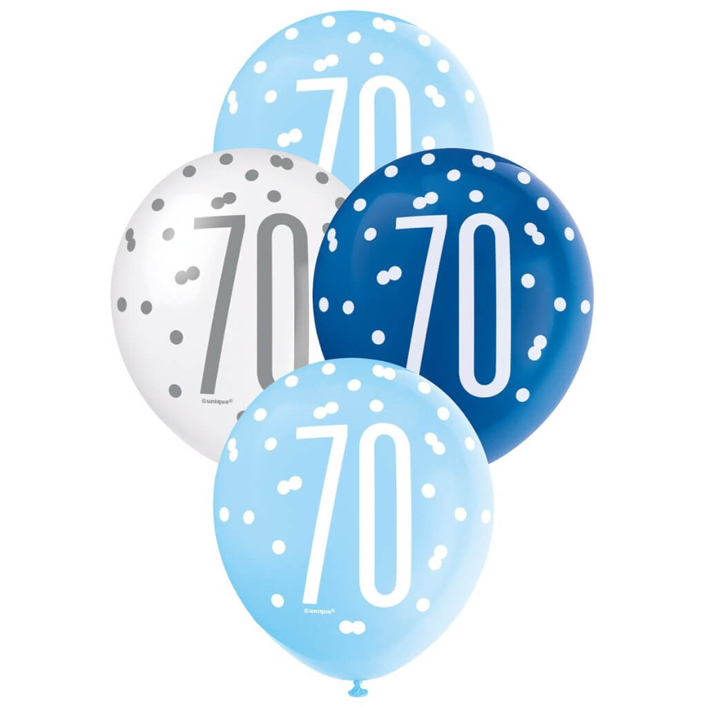 12-inch Blue & White Age 70 Latex Balloons 6pk