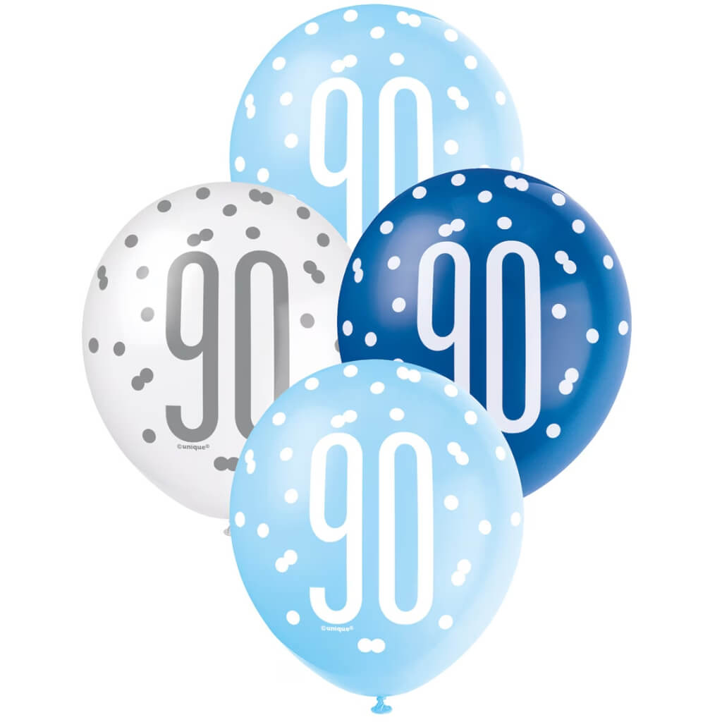 Pack of 6 12-inch Blue & White Age 90 Latex Balloons - 90th Birthday Party Decorations