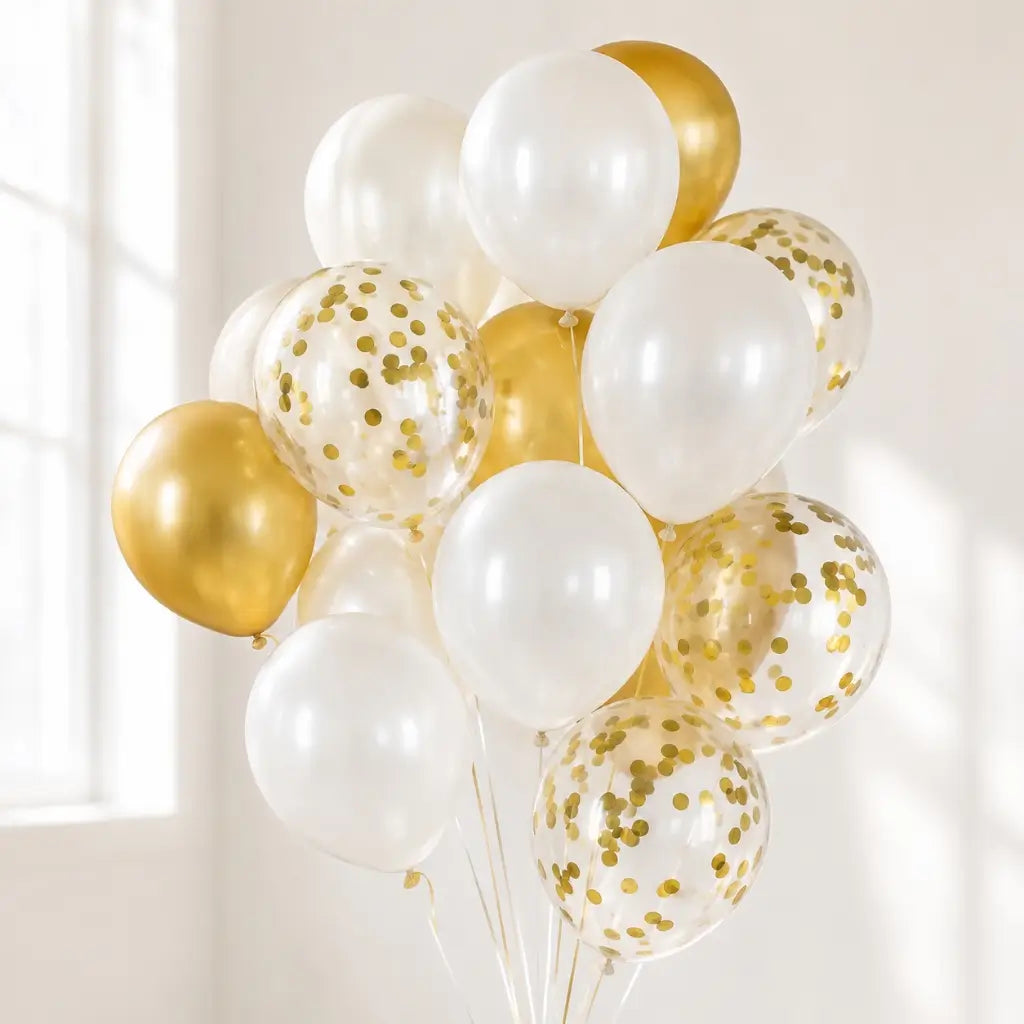 12-inch White & Gold Confetti Latex Balloon Bouquet 15pk