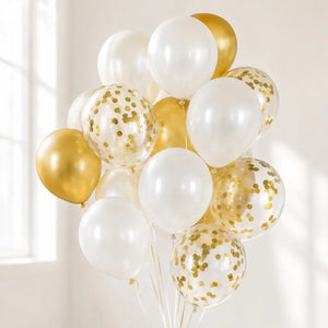 12-inch White & Gold Confetti Latex Balloon Bouquet 15pk