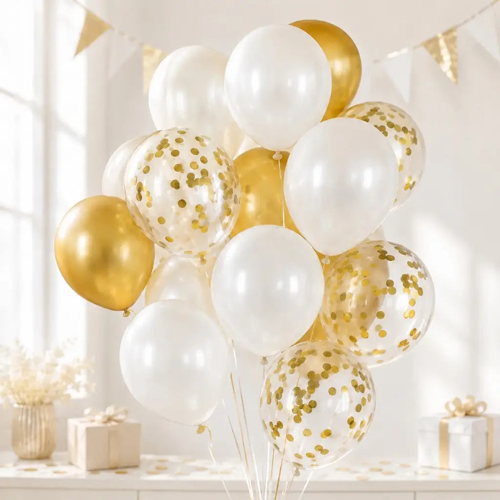 12-inch White & Gold Confetti Latex Balloon Bouquet 15pk