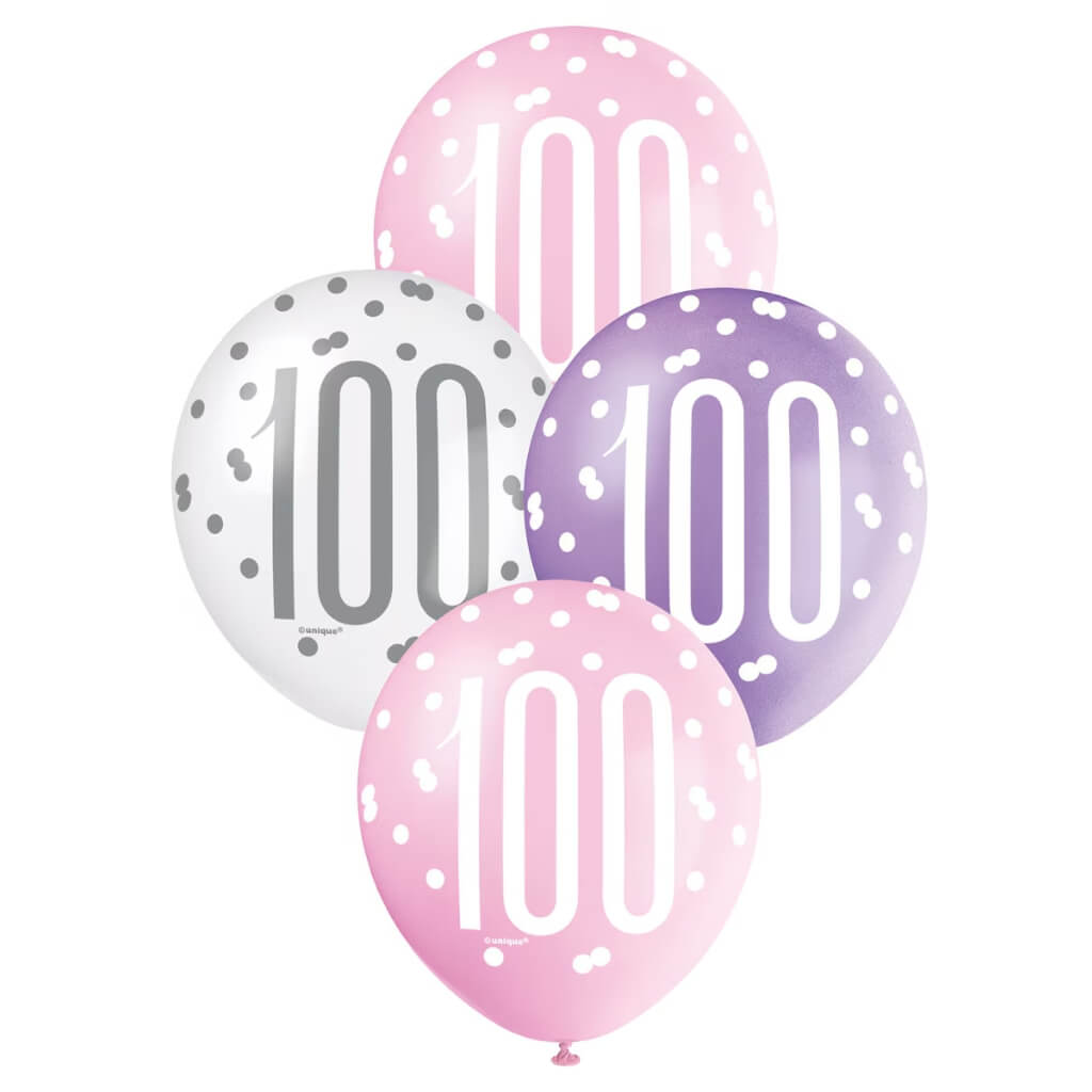 12-inch Pink Purple White Age 100 Latex Balloons 6pk 100th birthday party decorations