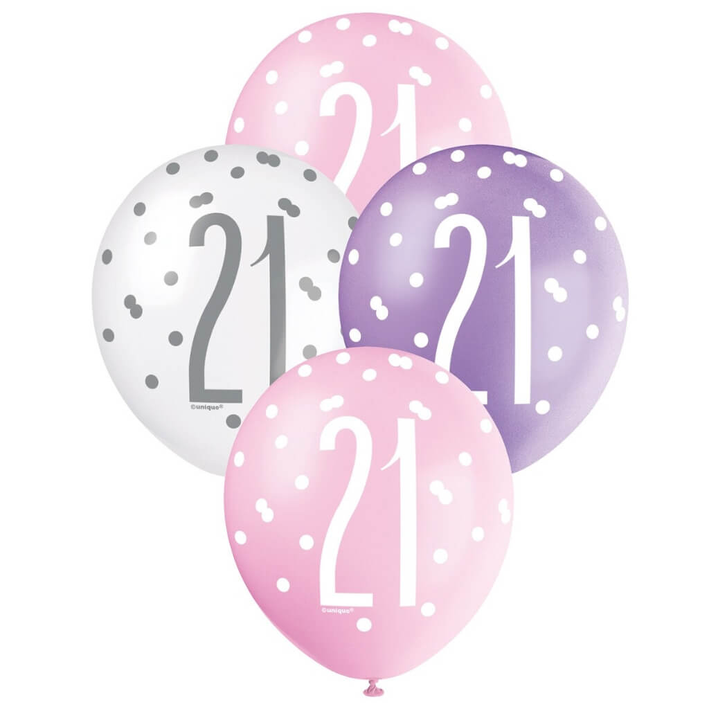 12-inch Pink Purple White Age 21 Latex Balloons 6pk