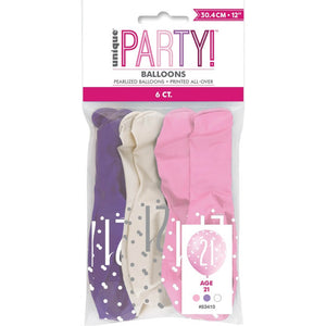12-inch Pink Purple White Age 21 Latex Balloons 6pk
