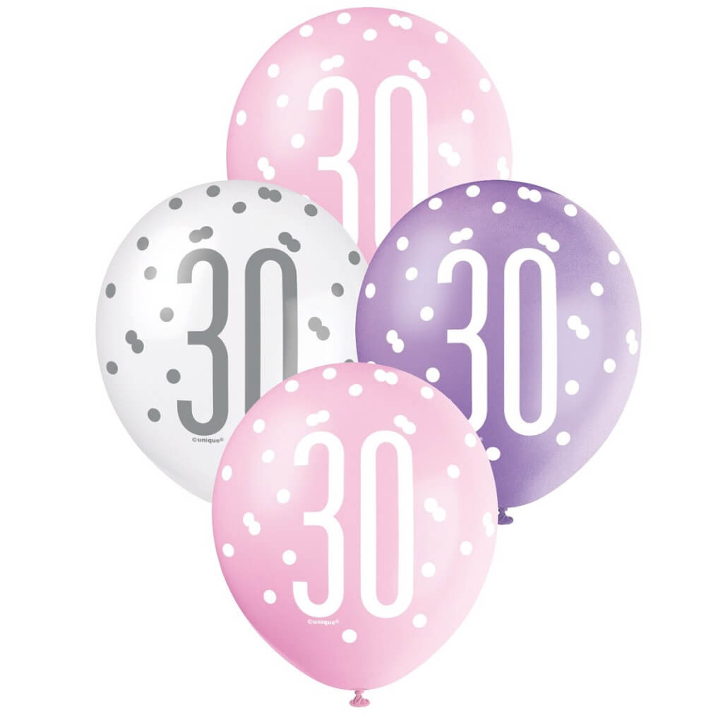 12-inch Pink Purple White Age 30 Latex Balloons 6pk