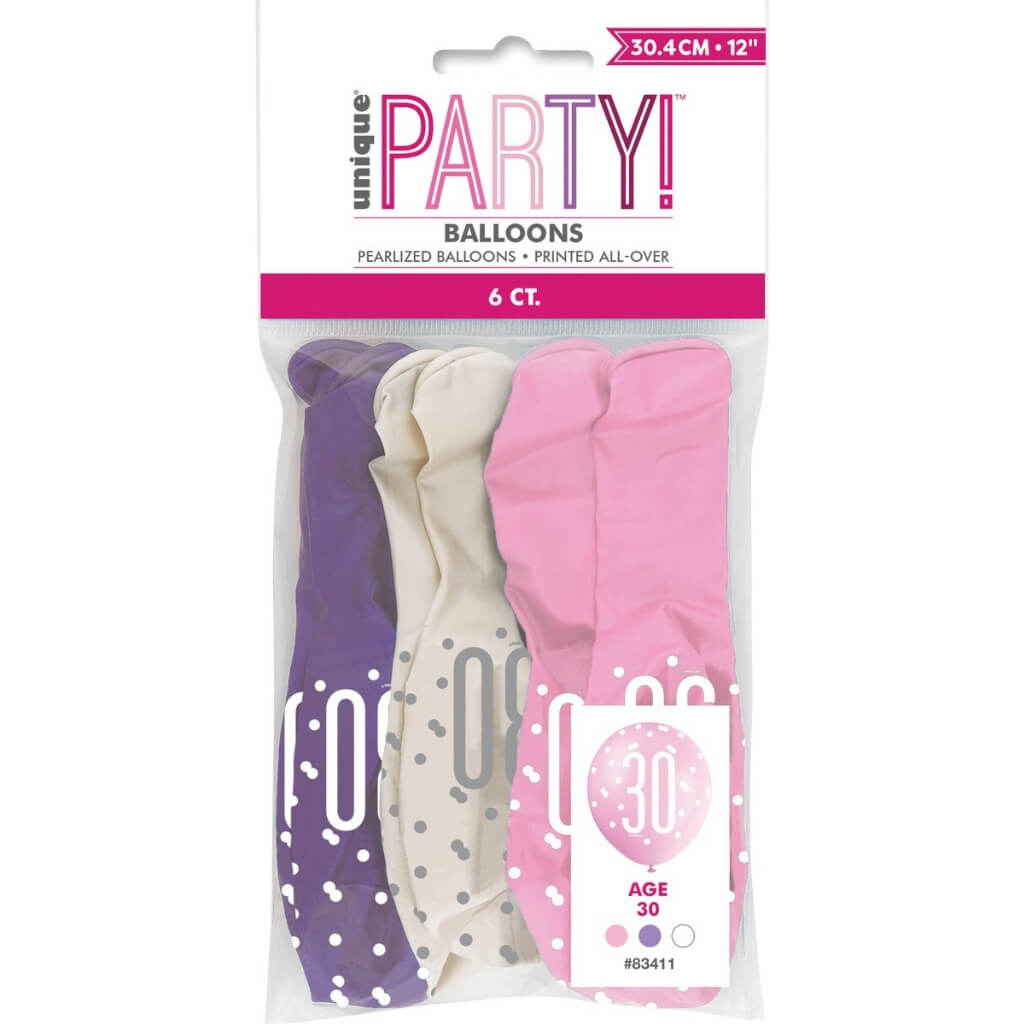 12-inch Pink Purple White Age 30 Latex Balloons 6pk