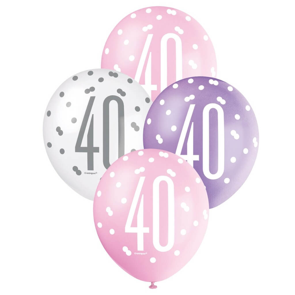 12-inch Pink Purple White Age 40 Latex Balloons 6pk