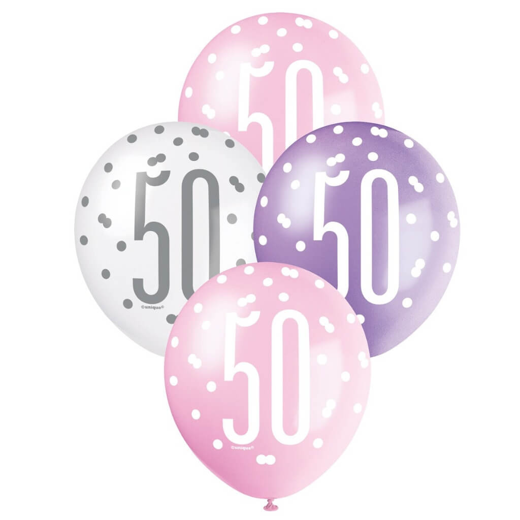 Pack of 6 12-inch Pink, Purple & White Age 40 Latex Balloons