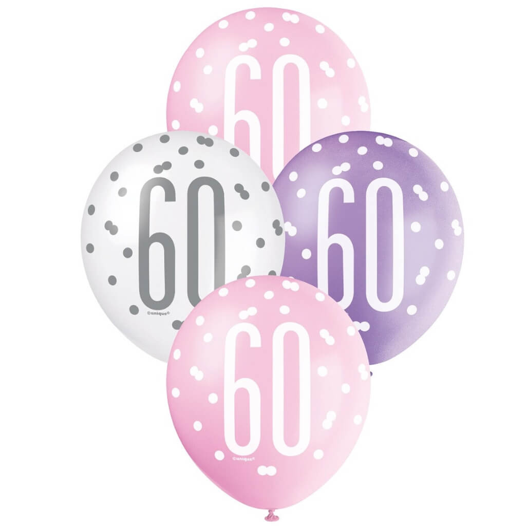 12-inch Pink Purple White Age 60 Latex Balloons 6pk