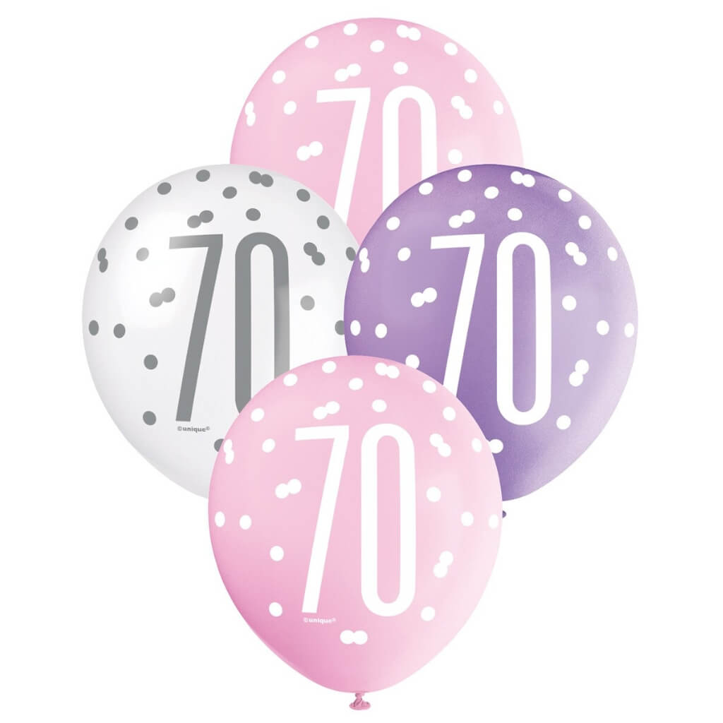 12-inch Pink Purple White Age 70 Latex Balloons 6pk