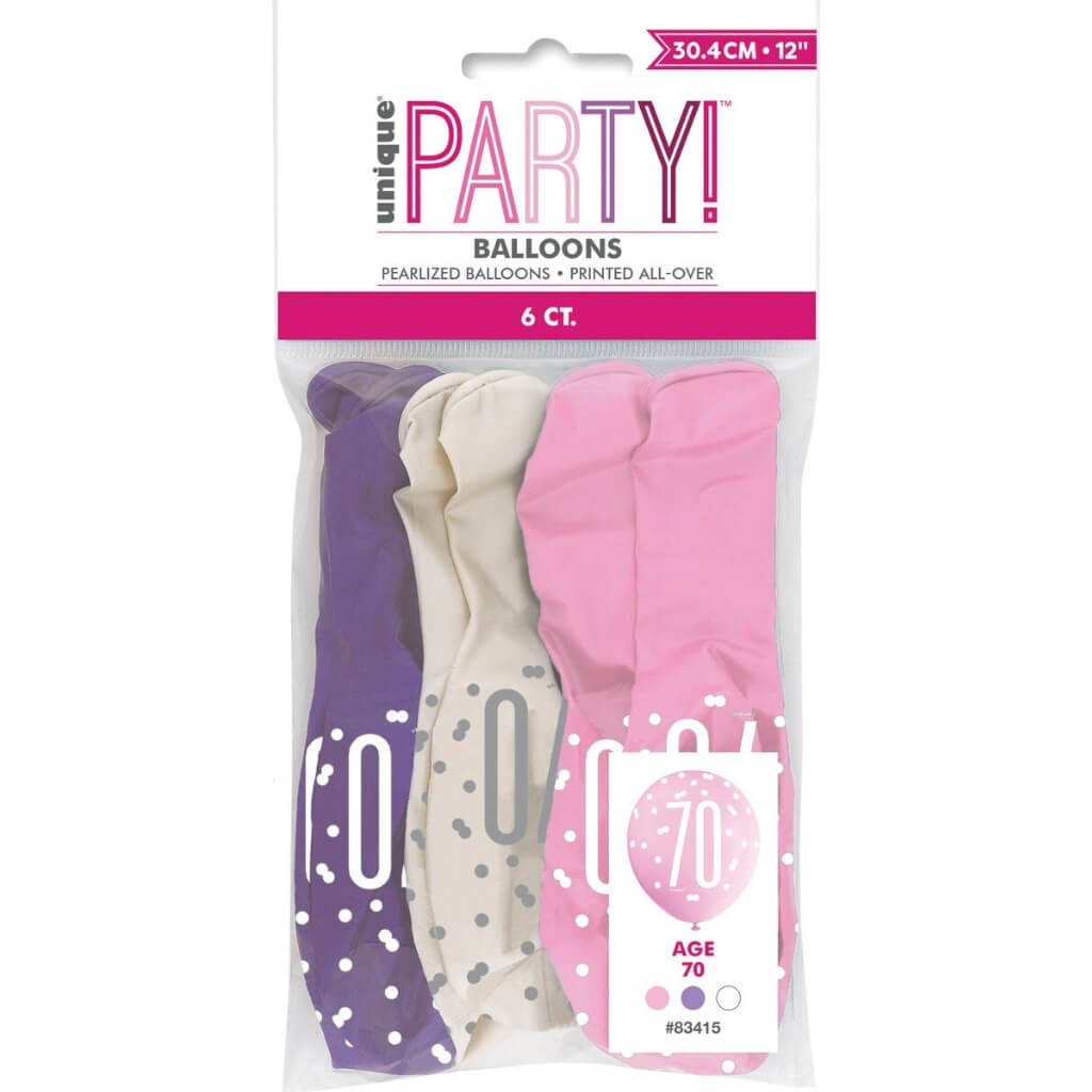 12-inch Pink Purple White Age 70 Latex Balloons 6pk