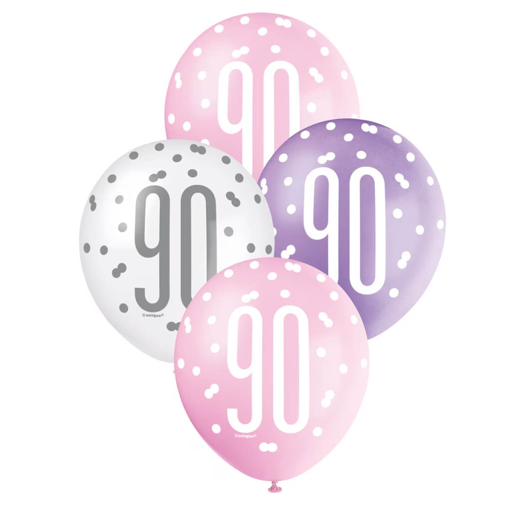 12-inch Pink Purple White Age 90 Latex Balloons 6pk 90th birthday party decorations
