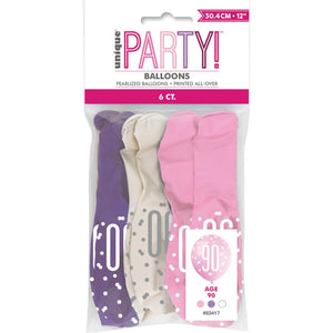 12-inch Pink Purple White Age 90 Latex Balloons 6pk 90th birthday party decorations
