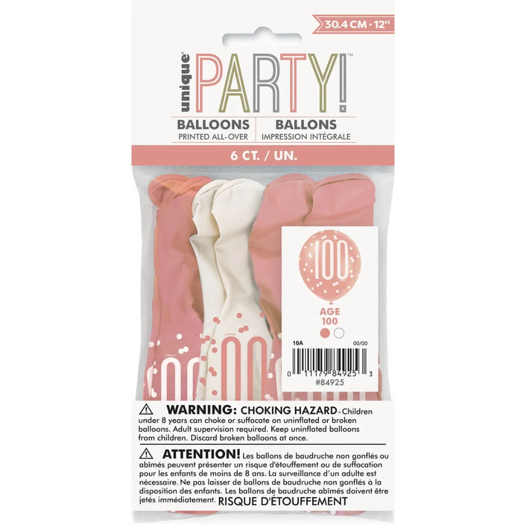 12-inch Rose Gold & White Ages 100 Latex Balloons 6pk