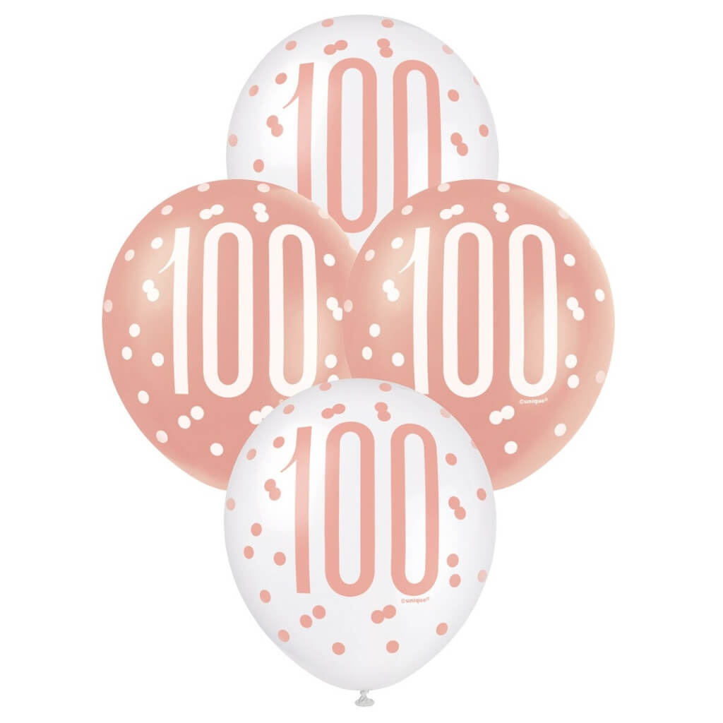 12-inch Rose Gold & White Age 100 Latex Balloons 6pk