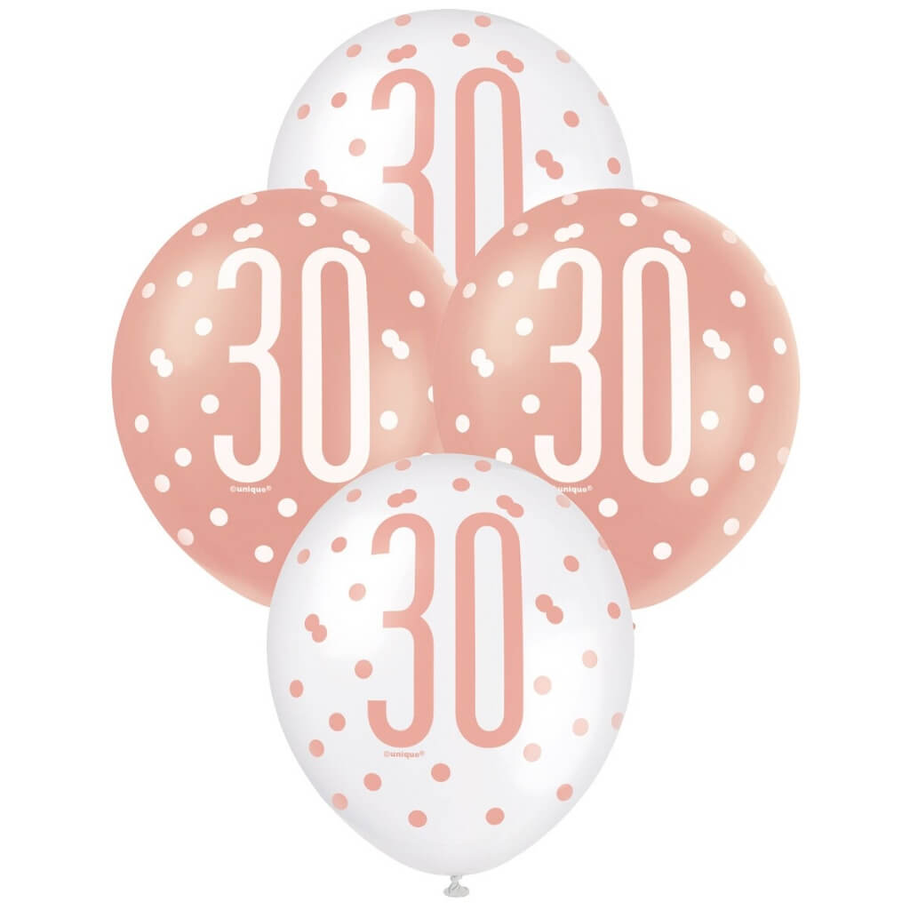 Pack of 6 12-inch Rose Gold & White Age 30 Latex Balloons