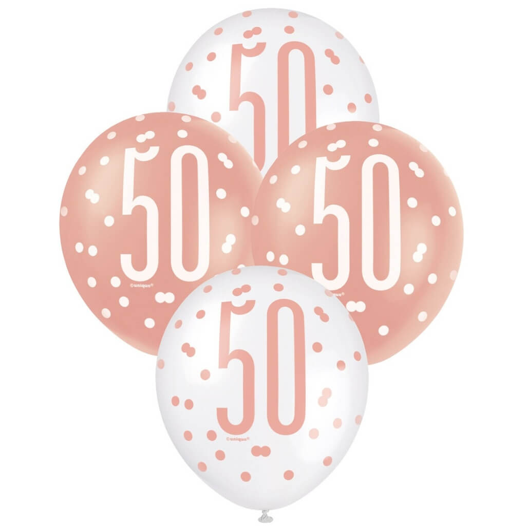 12-inch Rose Gold & White Age 50 Latex Balloons 6pk