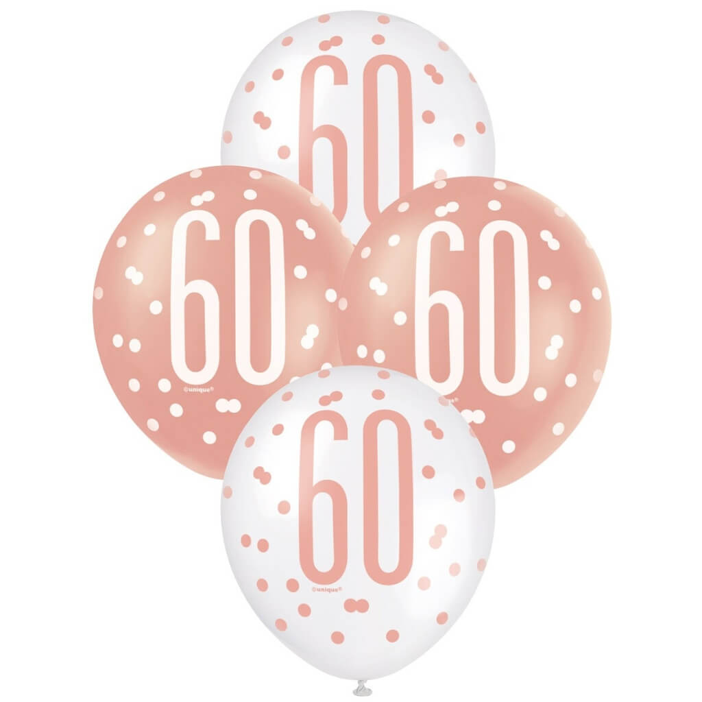 12-inch Rose Gold & White Age 60 Latex Balloons 6pk