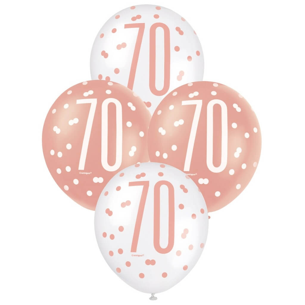 12-inch Rose Gold & White Age 70 Latex Balloons 6pk