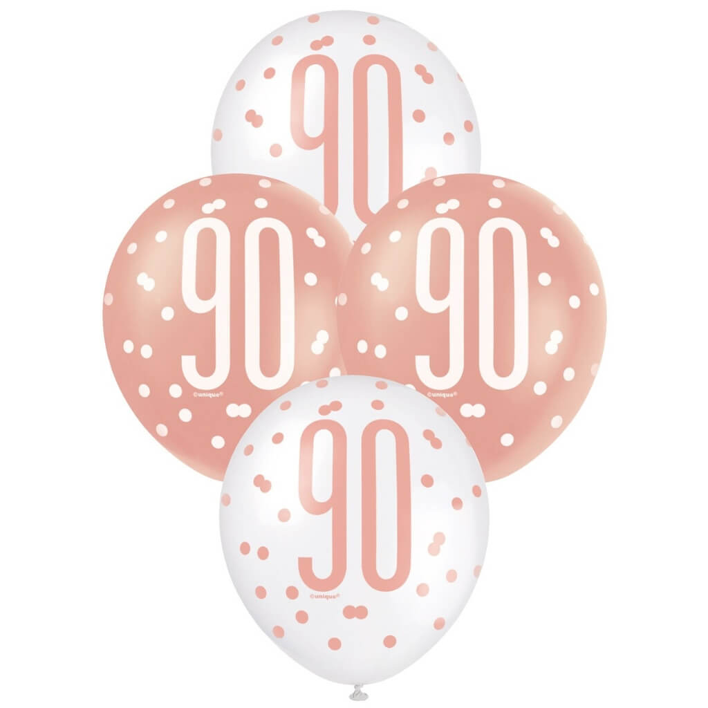 Pack of 6 12-inch Rose Gold & White Age 90 Latex Balloons - 90th Birthday Party Decorations