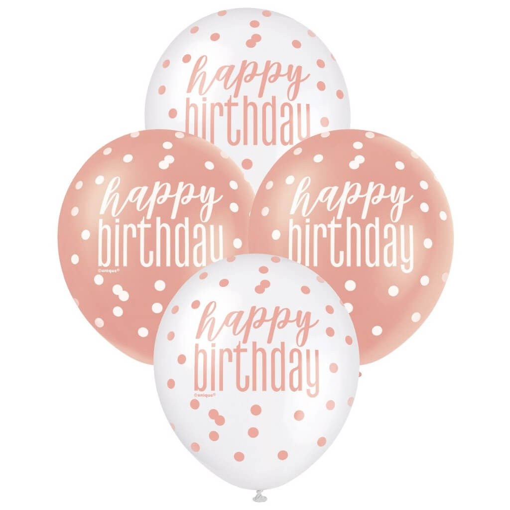 Pack of 6 12-inch Rose Gold & White 'Happy Birthday' Latex Balloons
