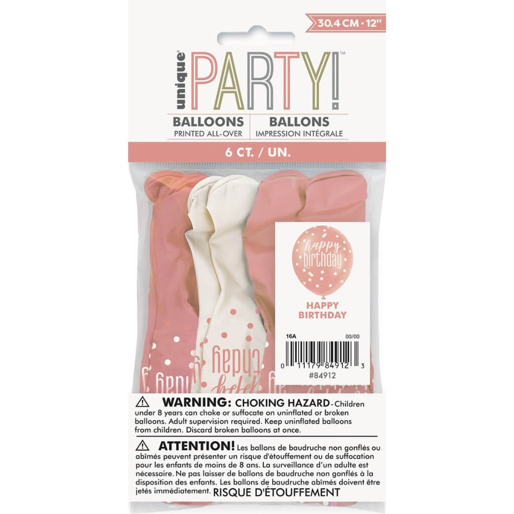 Pack of 6 12-inch Rose Gold & White 'Happy Birthday' Latex Balloons