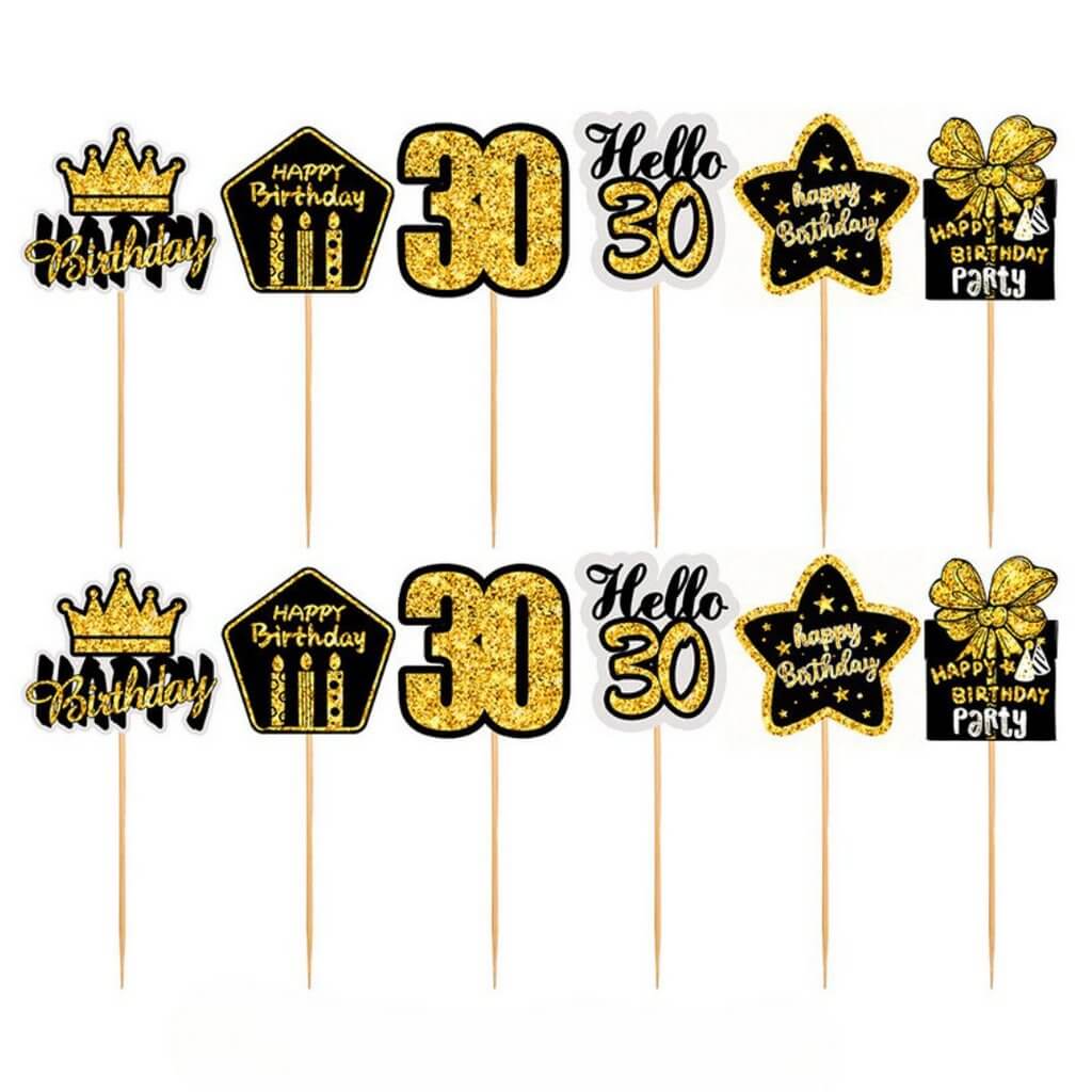 Black & Gold 30th Birthday Cupcake Toppers