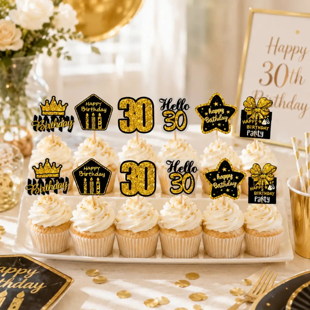 Pack of 12 Black & Gold 30th Birthday Cupcake Toppers