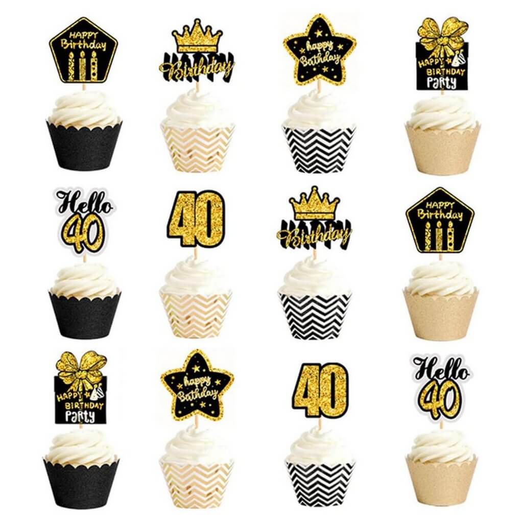 Black & Gold 40th Birthday Cupcake Toppers