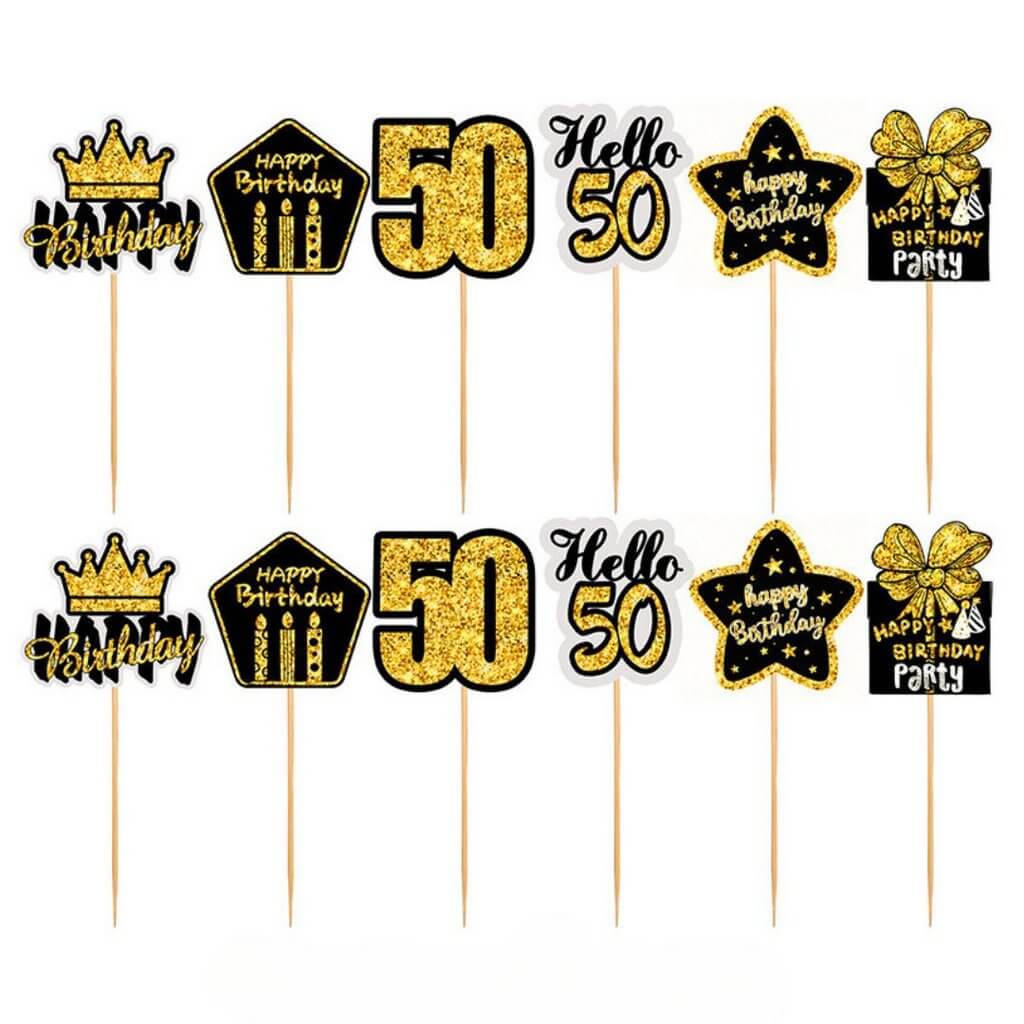 Black & Gold 50th Birthday Cupcake Toppers