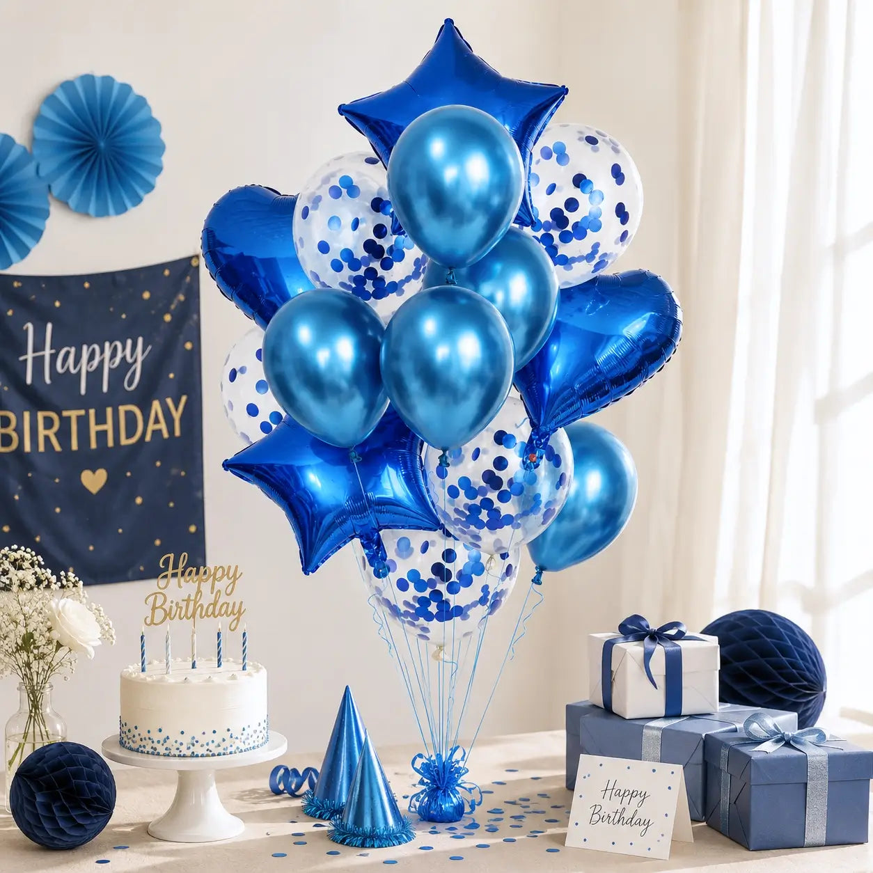 Dark Blue Star Heart Confetti Balloon Bouquet 14pk