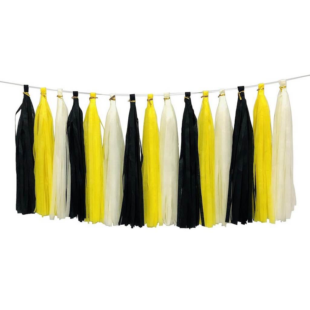 Black, Ivory & Yellow Paper Tassel Garland Banner Bunting 15 Pack