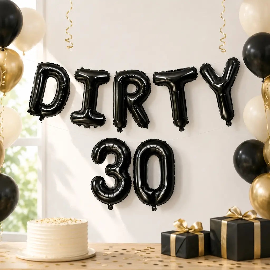 16-inch Black DIRTY 30 Foil Birthday Balloon Banner