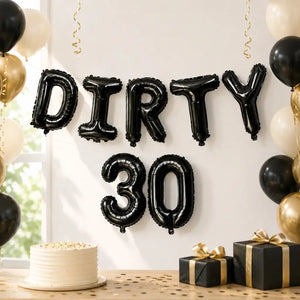 16-inch Black DIRTY 30 Foil Birthday Balloon Banner