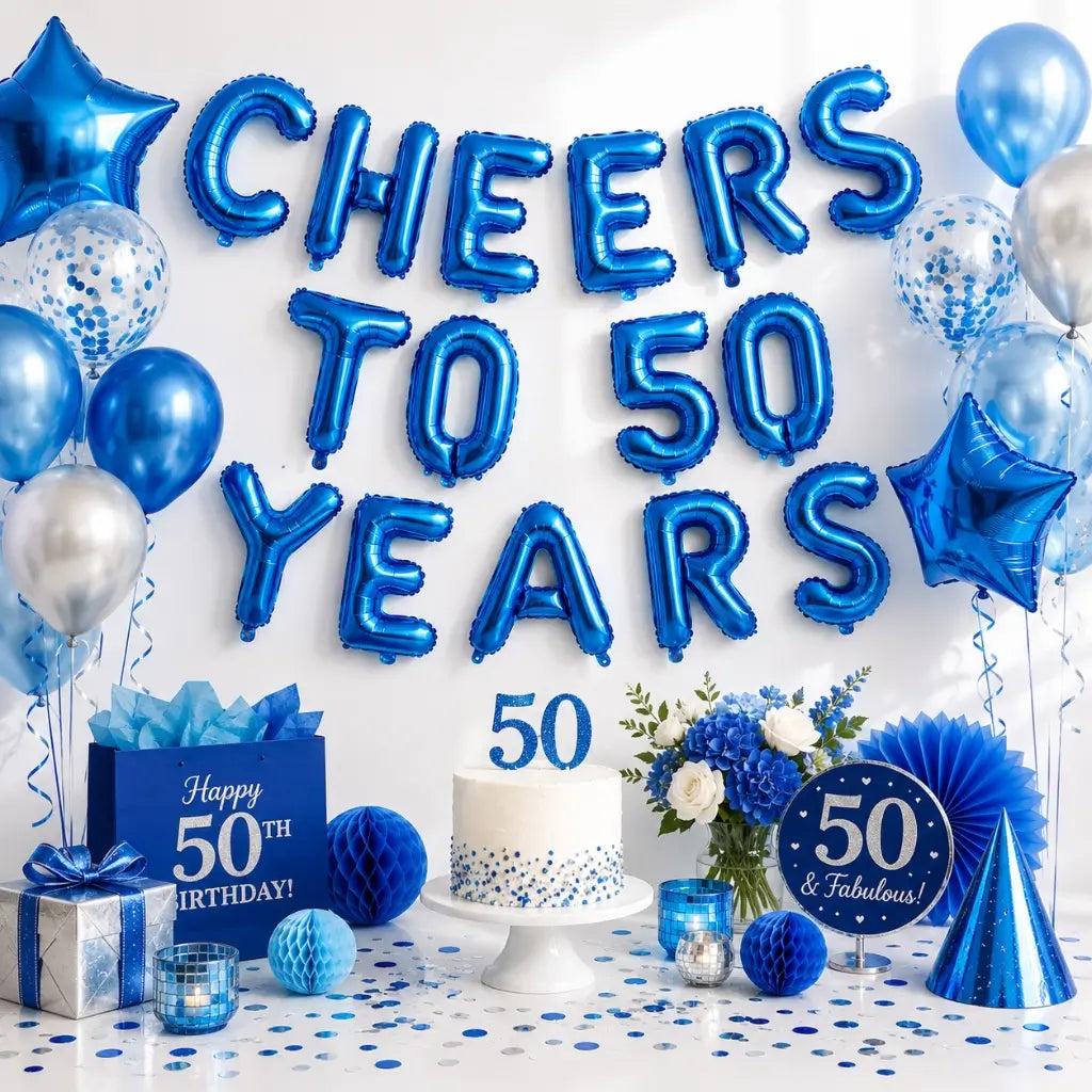 16-inch Blue CHEERS TO 50 YEARS Foil Balloon Banner