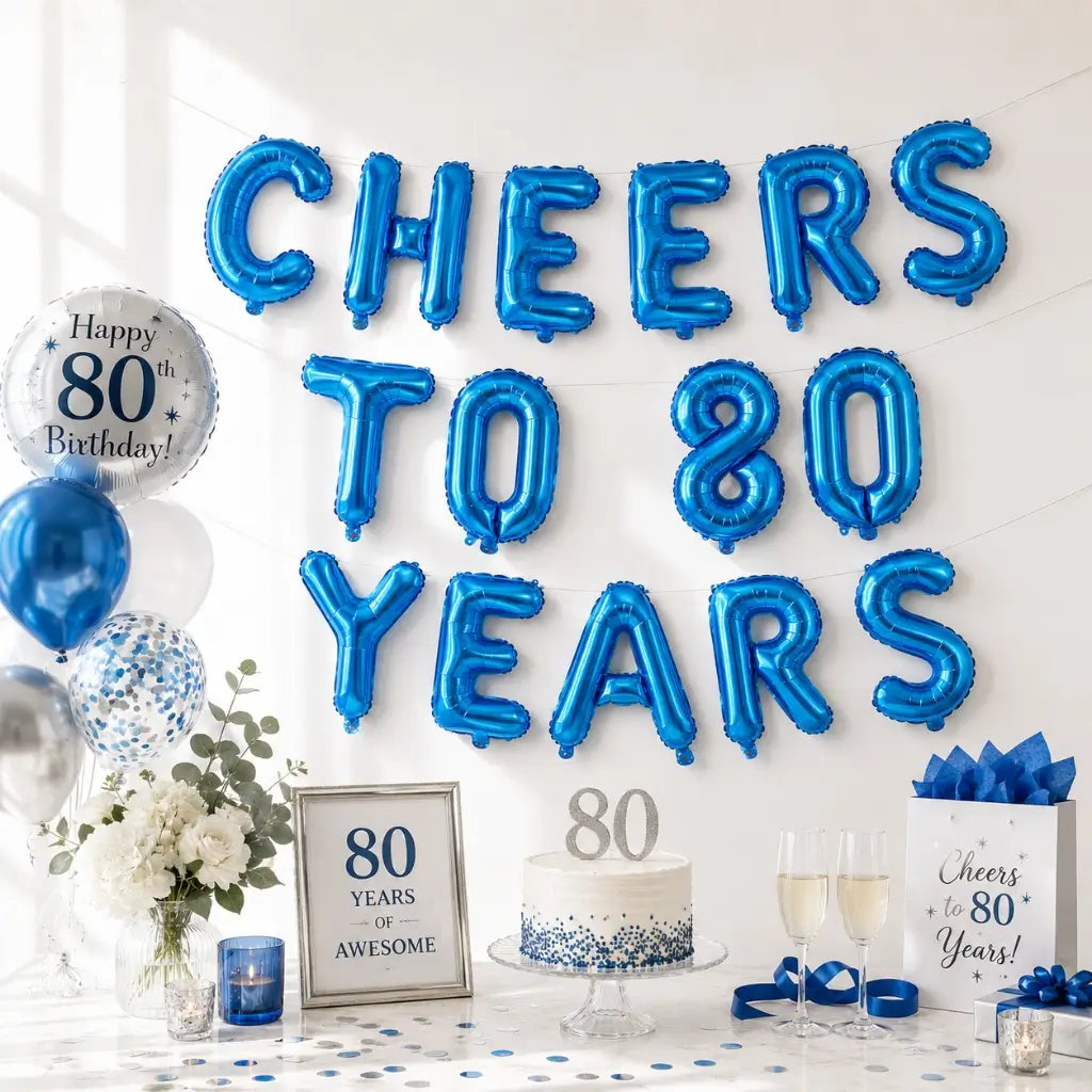 16-inch Blue CHEERS TO 80 YEARS Foil Balloon Banner