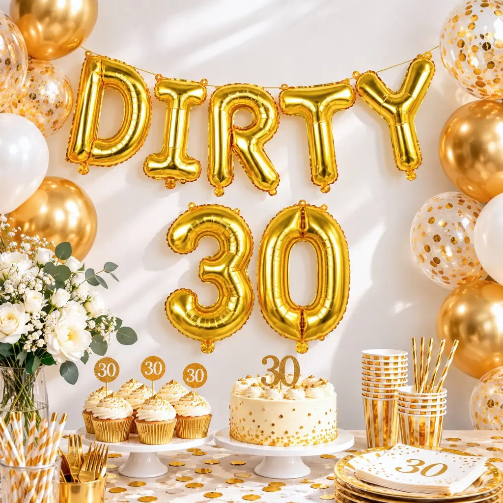 Gold DIRTY 30 Foil Balloon Banner – 30th Birthday Party Décor